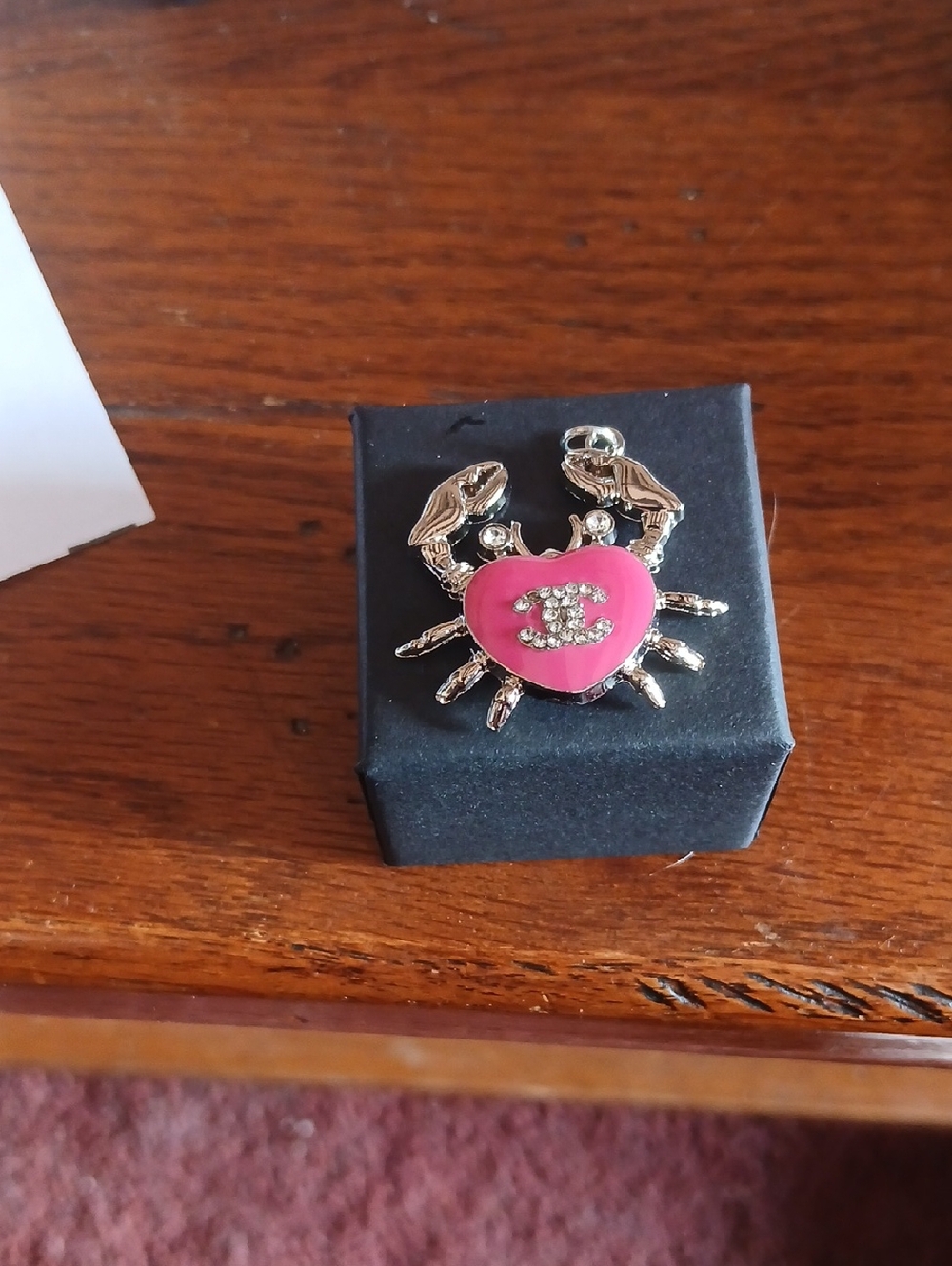 Chanel Silver Crab Heart Zipper Pull,  Or Charm with Pink Enamel & Stone Logo